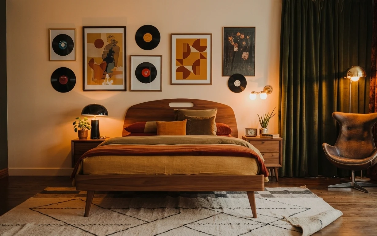 Move-ready bedroom with olive bedding, beige geometric rug, framed vinyl record wall art, and warm brass lighting