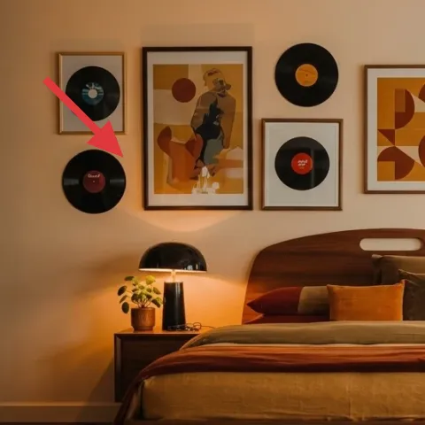 cluster of framed vinyl records on the left wall
