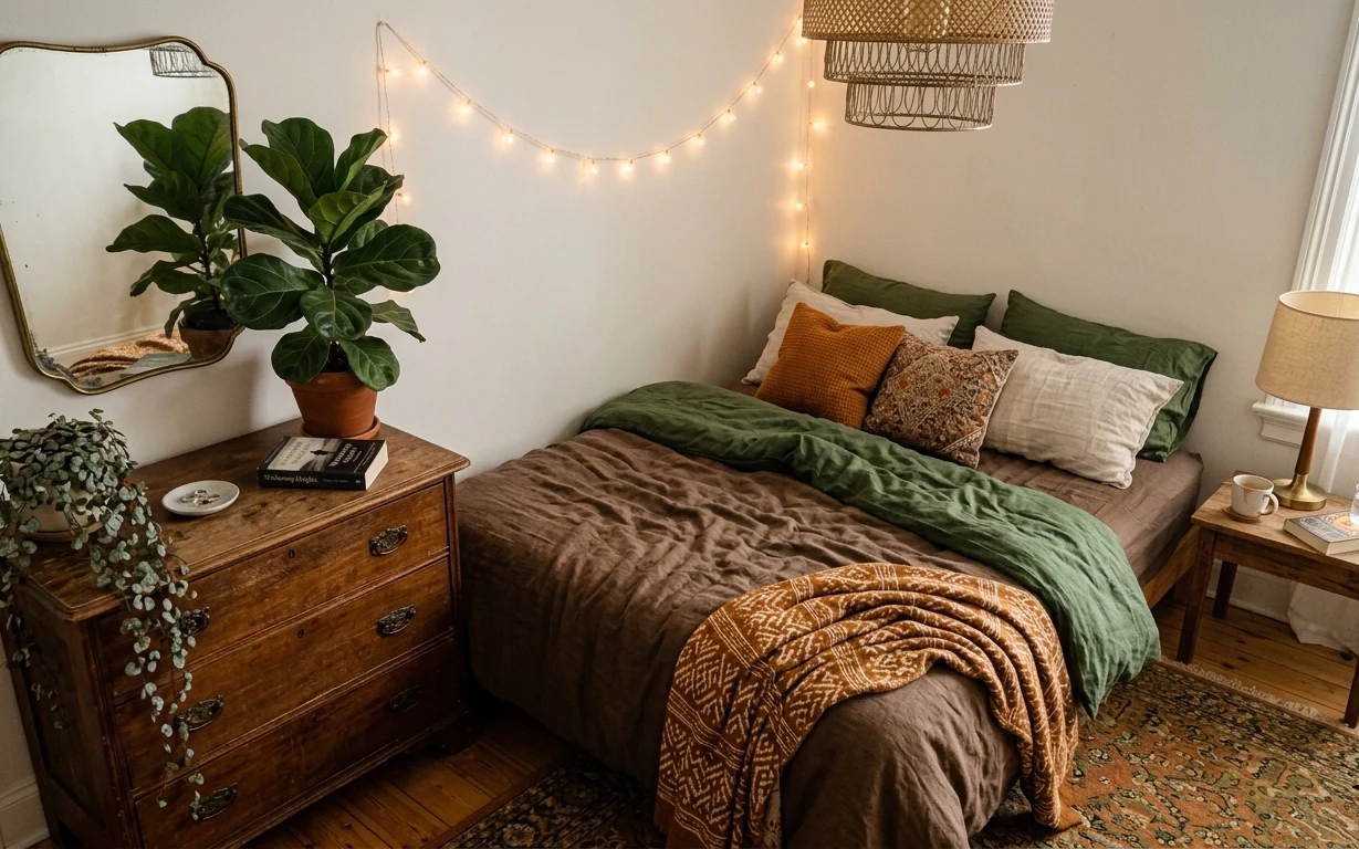 Boho bedroom with patterned rug, wood bed frame, green throws, rust and cream pillows, plug-in lamp, string lights, and a gold mirror.
