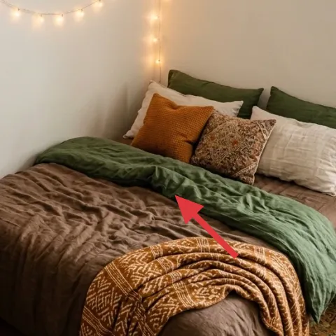 green throw blanket folded on the bed