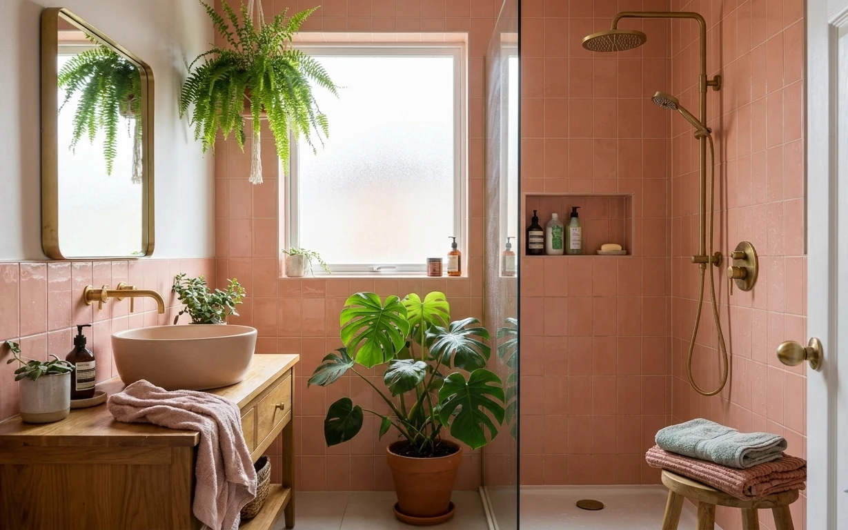 Terracotta-tiled bathroom with brass-framed mirror, tropical plant in terracotta pot, wooden stool and stacked towels