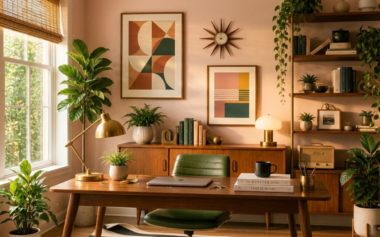 Warm home office nook with wood desk, brass lamp, globe table lamp, framed abstract art, and freestanding shelf with plants and books