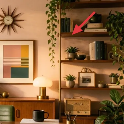 freestanding wall shelf with wood shelves