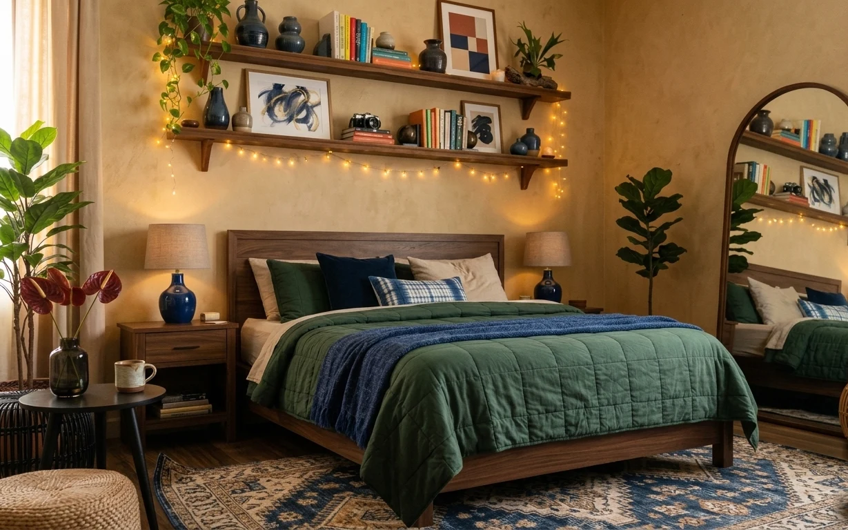 Warm bedroom with wood bed frame, blue throw, patterned rug, plug-in lamps, shelves with string lights, and tall potted plants