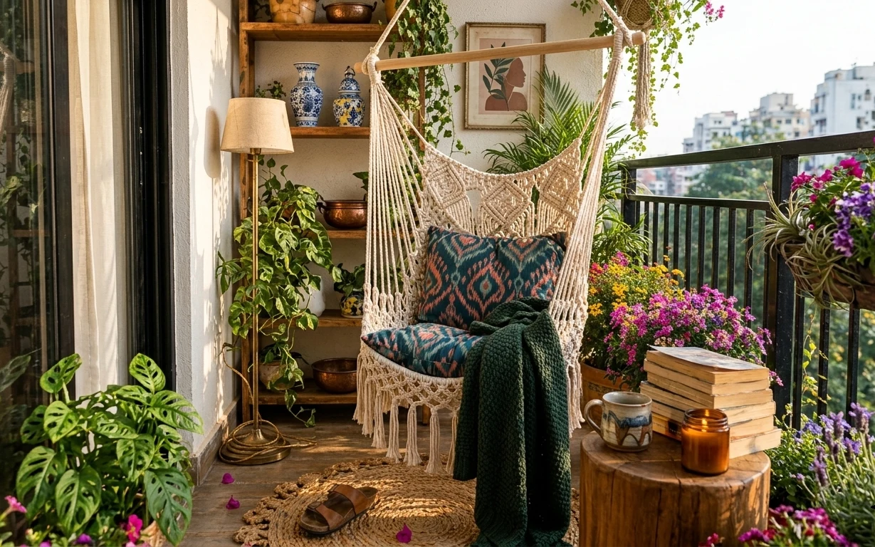 Boho hammock chair with fringed pillows, woven rug, floor lamp, and potted plants on a bright balcony
