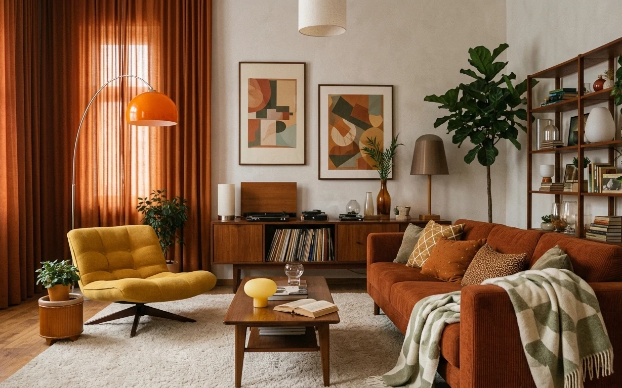 Warm orange sofa in a styled living room with mustard chair, wood coffee table, rug, framed abstract art, and leafy floor plant