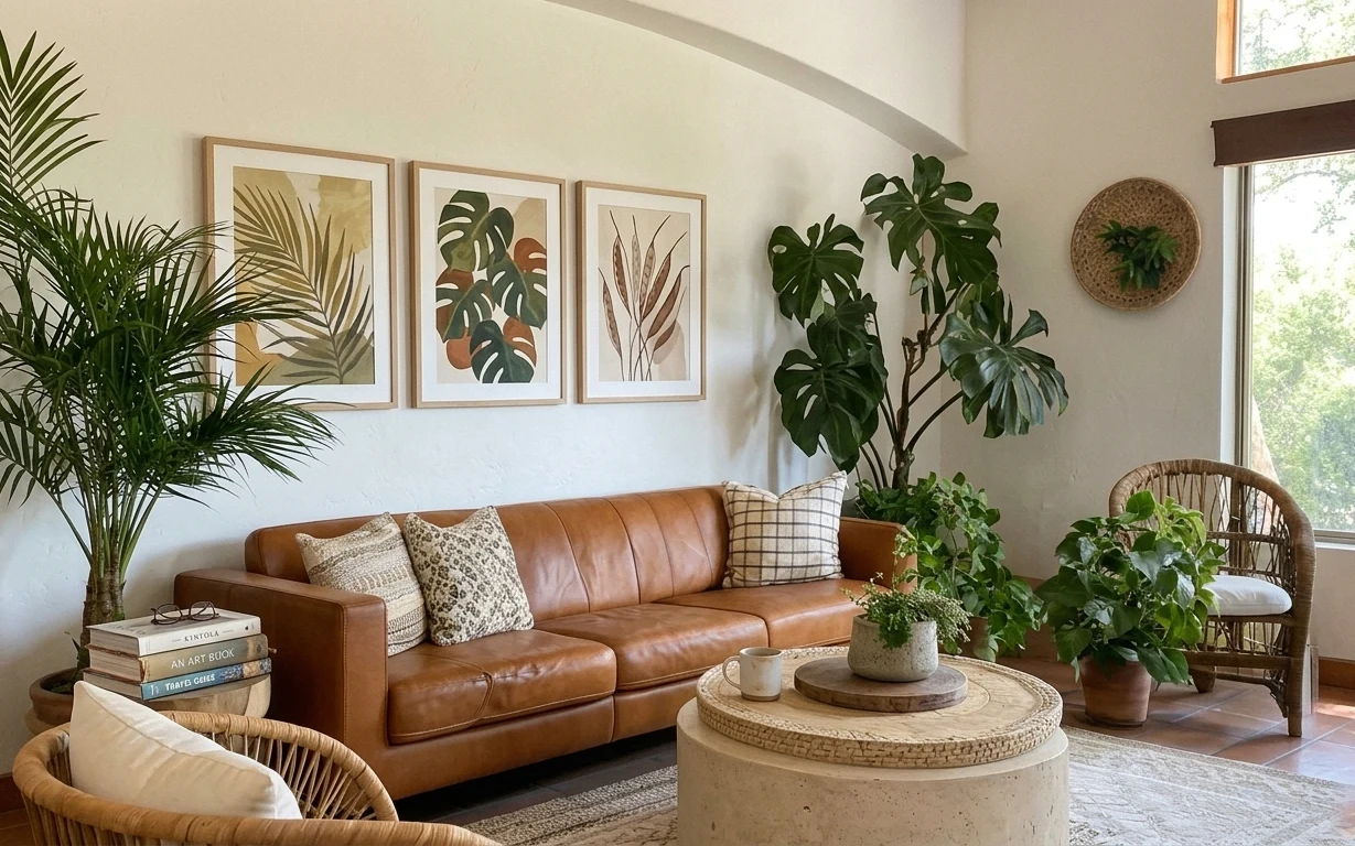 Warm brown leather sectional lounge with neutral rug, botanical frames, and layered green plants on a light tile floor