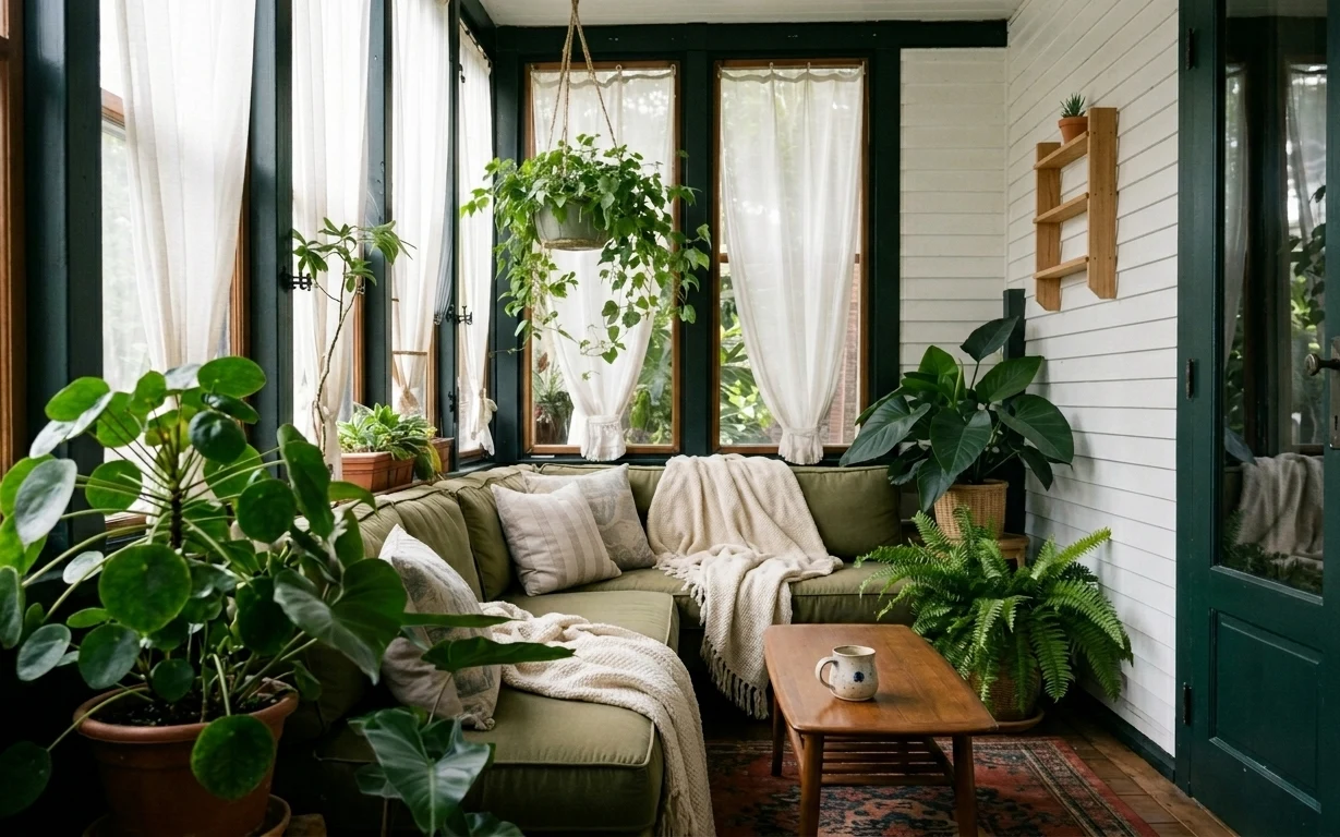 Plant-filled living room corner with green sofa, cream throw, patterned rug, wood coffee table, and white sheer curtains