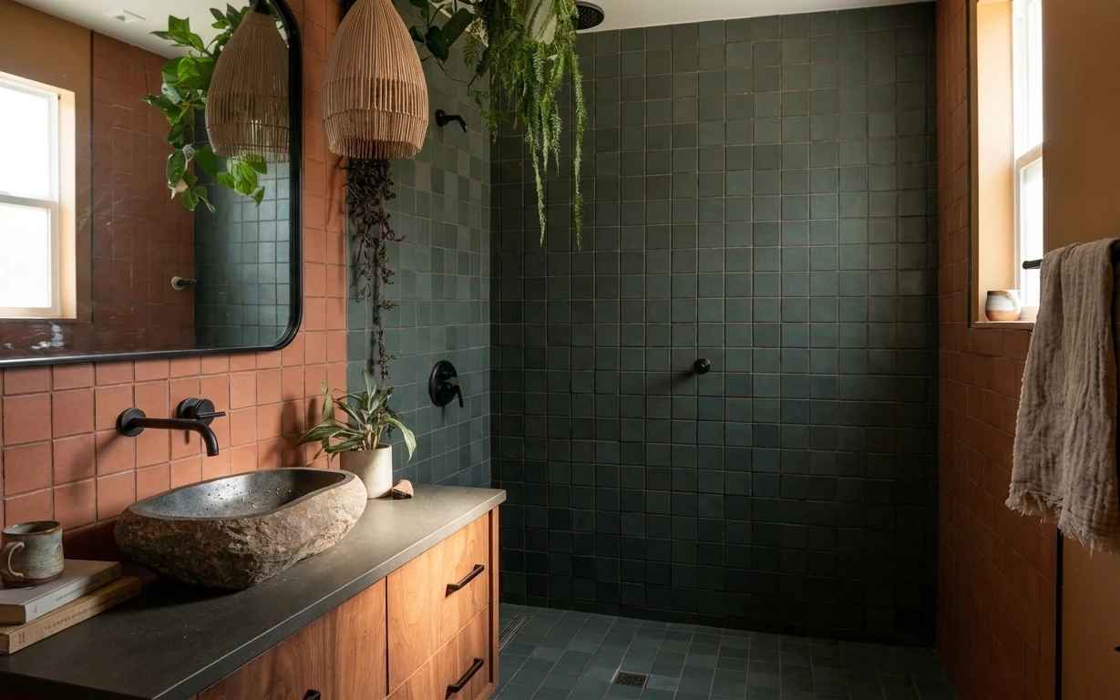 Warm bathroom vanity corner with green tile wall, terracotta tones, arched mirror, hanging pendant lamps, and countertop styling