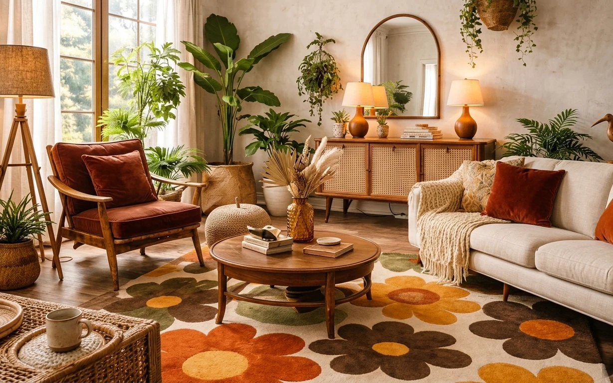Boho living room with patterned rug, light sofa, arched mirror, woven decor, and warm table lamps.