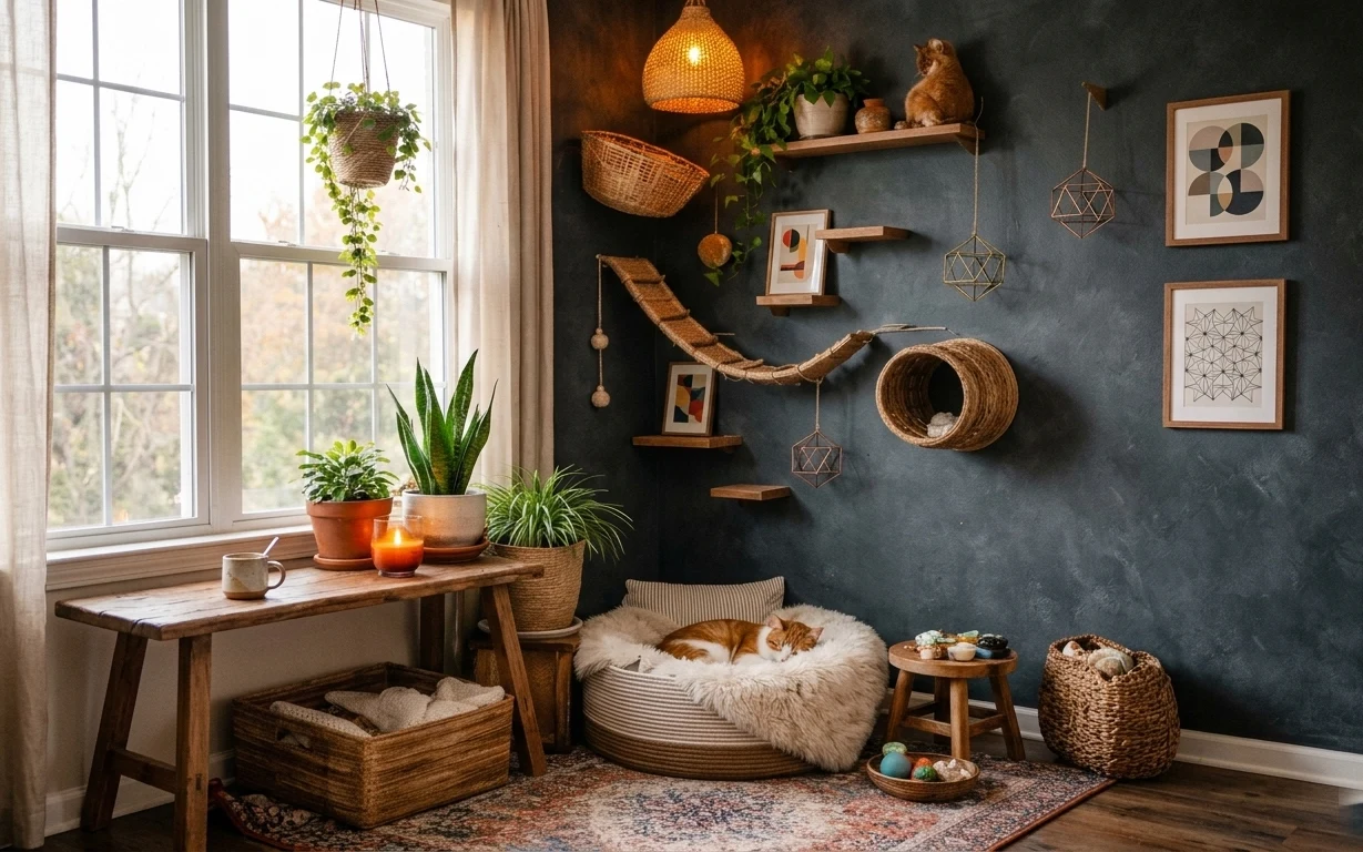 Window-and-cat corner with cream curtains, earthy rug, candle glow, framed abstract art, plants, and a macramé wall hanging