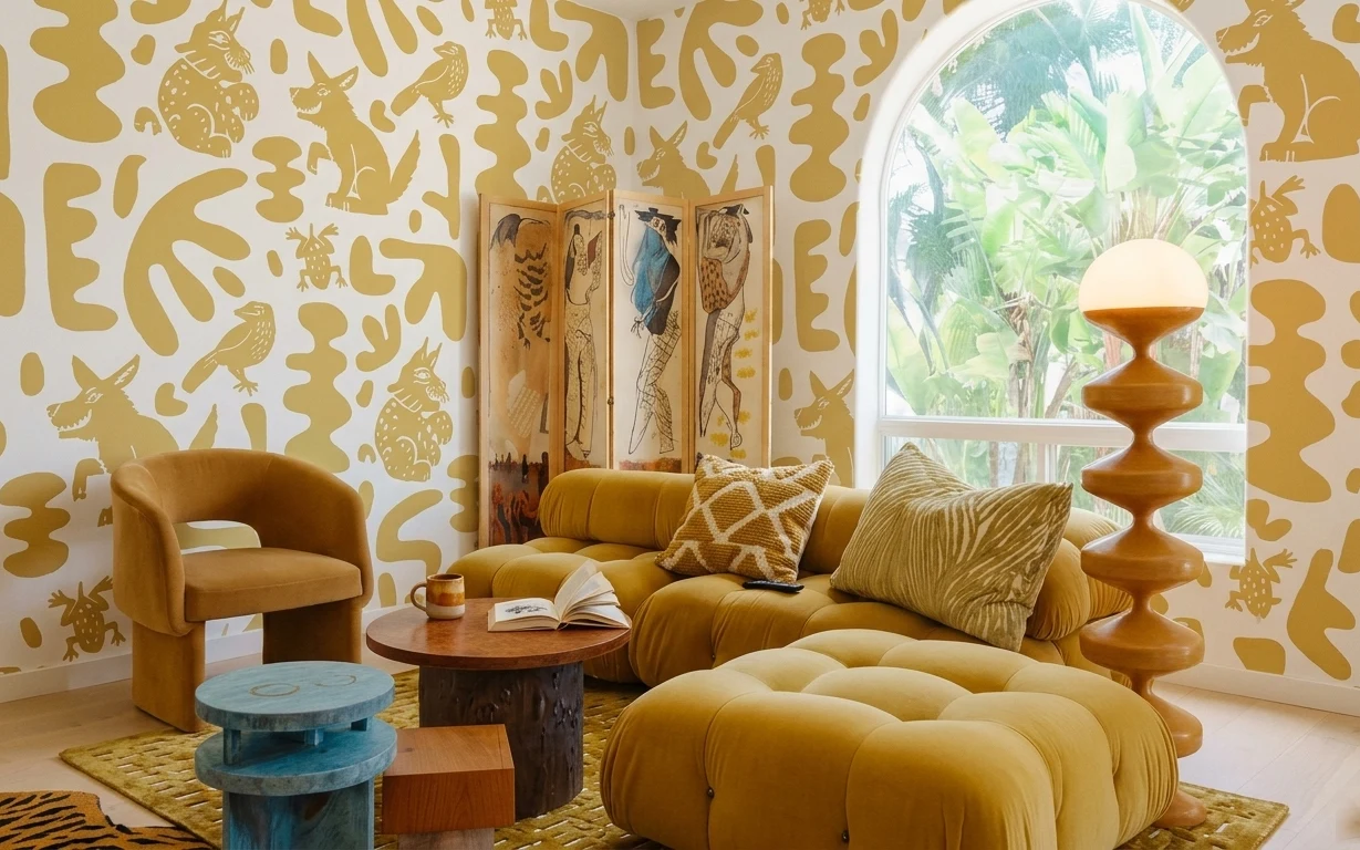 Mustard sofa in a jungle wallpaper living room with patterned rug and a stacked wood floor lamp