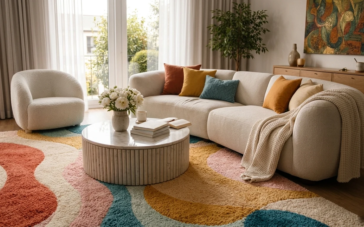 Cream sofa seating area with multicolor rug, round coffee table, framed abstract art, and a tall indoor plant