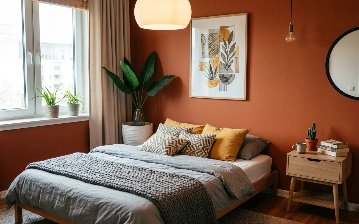 Warm terracotta bedroom with beige curtains, bed with knit throw, framed botanical art, pendant globe light, and round wall mirror