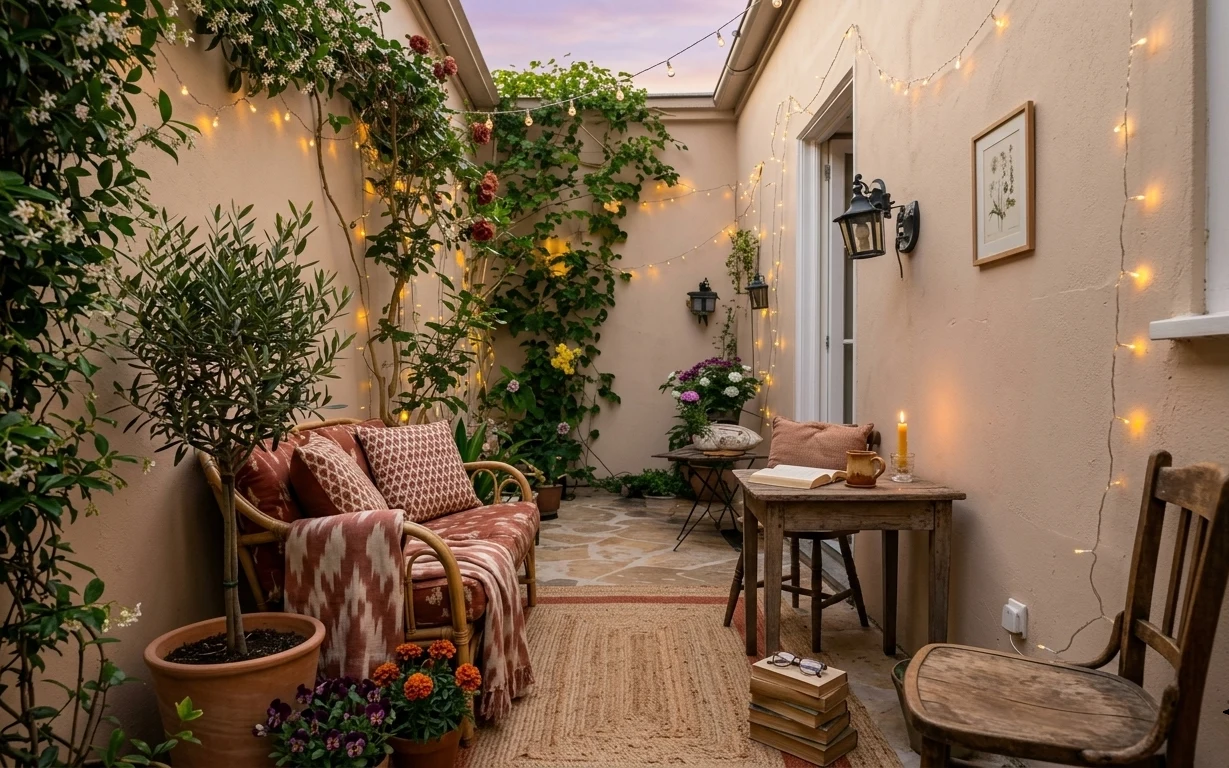 String-lit patio corner with rattan daybed, patterned throw, outdoor rug, framed botanical print, and potted flowers
