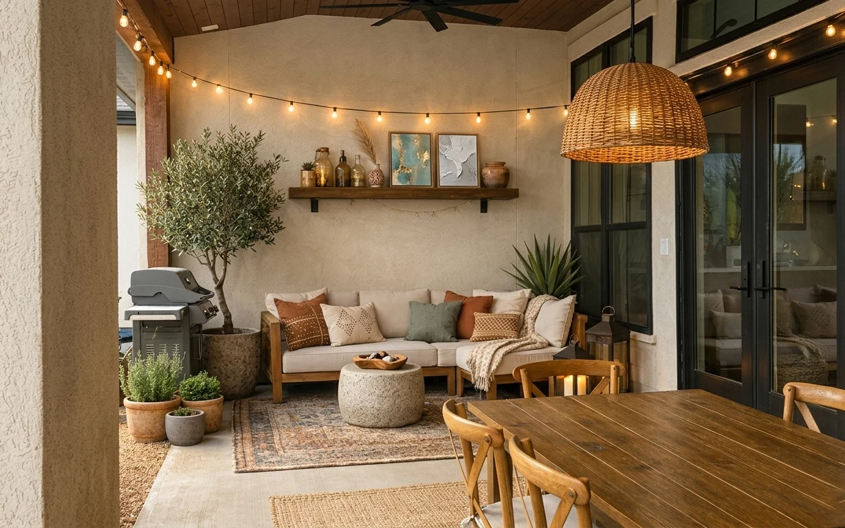 Cozy patio seating nook with cream sofa, woven pendant, string lights, floating shelves, rug, and potted plants