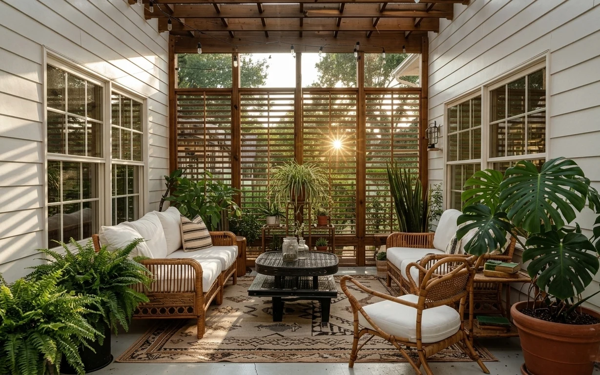 Sunlit porch seating area with wicker chairs, a round coffee table, patterned outdoor rug, and potted greenery