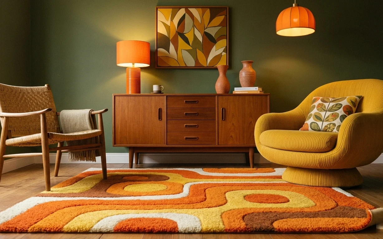 Living room seating corner with olive green wall, multicolor rug, wood credenza, yellow chair, orange lamp, and framed abstract art.