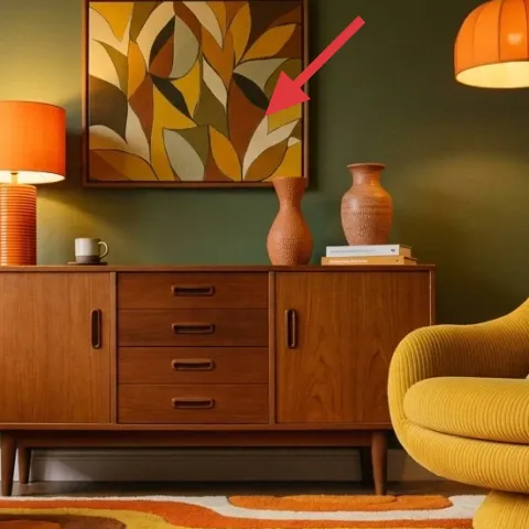 framed abstract art print above credenza (DIY remake)