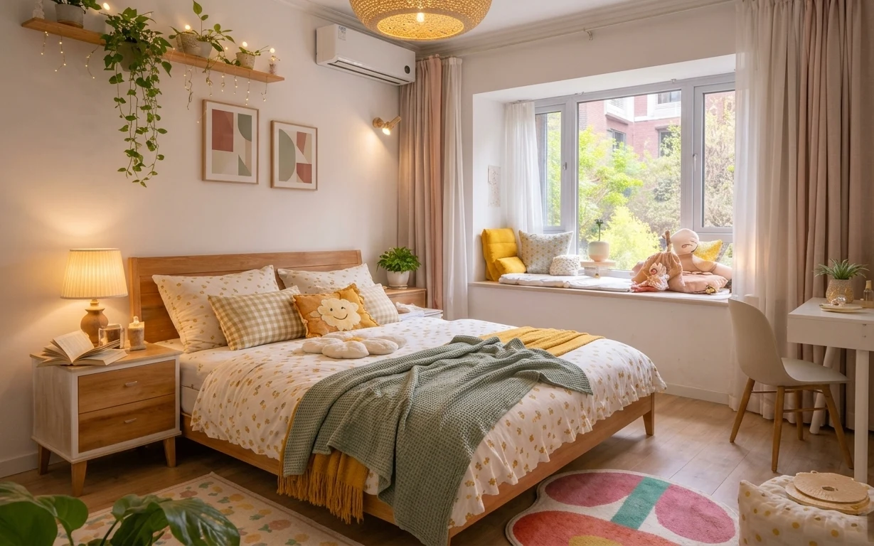 Renter-friendly bedroom with wood bed, patterned rug, warm lamp, sage throw, framed prints, and window plants