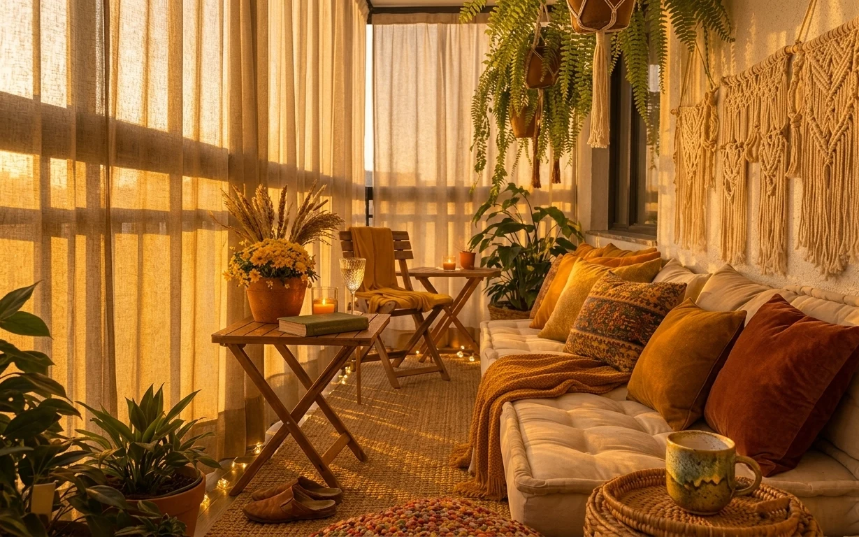 Boho balcony seating with woven rug, terracotta pillows, macramé wall hanging, string lights, and potted plants