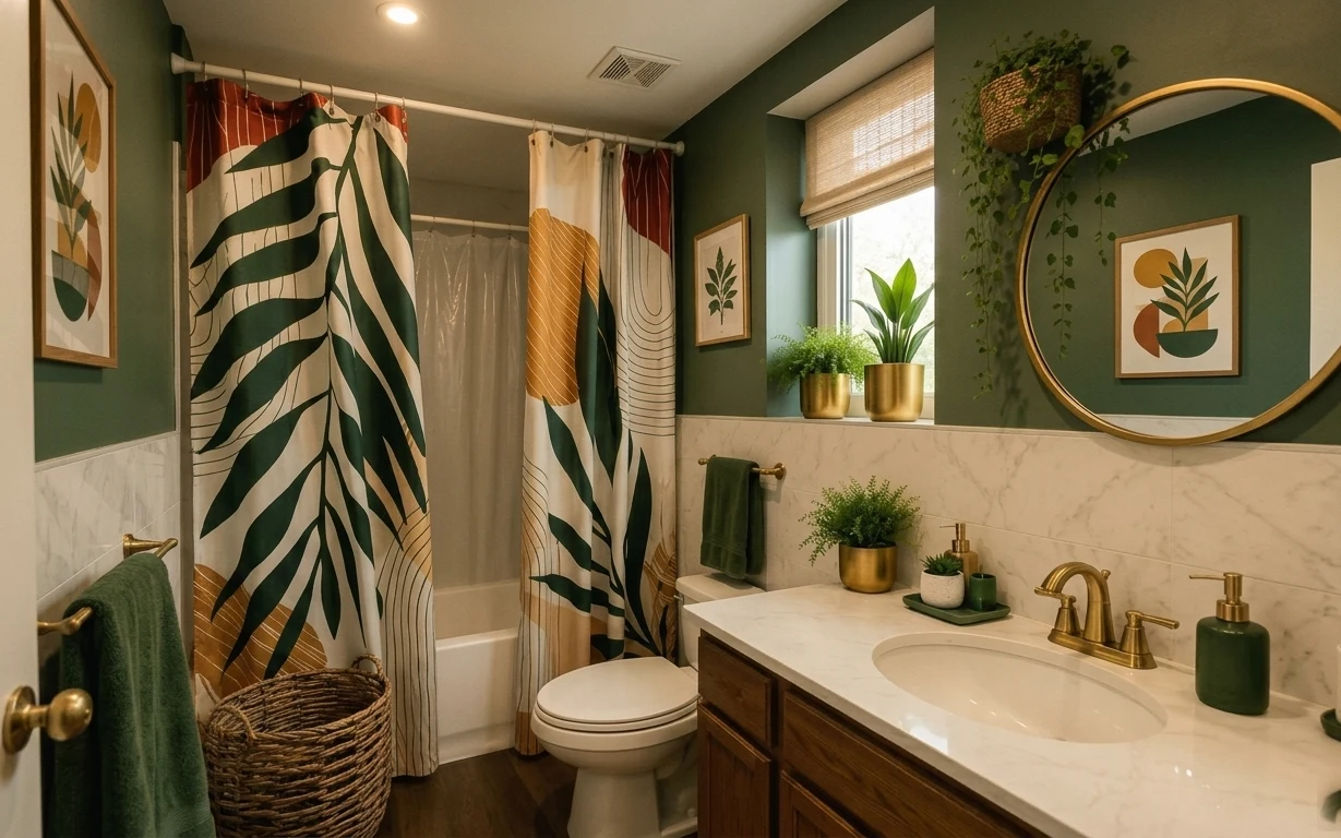 Green-and-gold styled bathroom with tan-and-green shower curtain, gold round mirror, vanity plants, and green towels