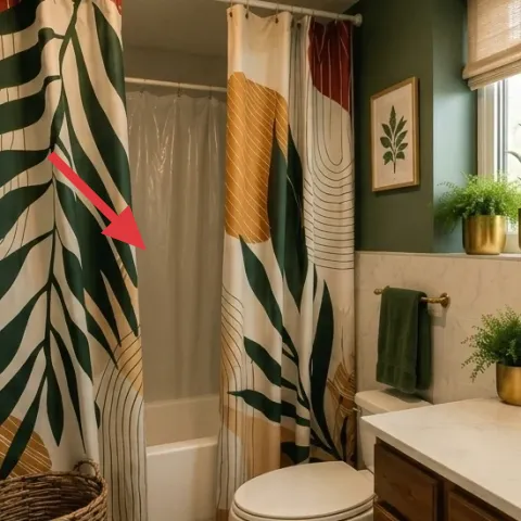 tan and green shower curtain
