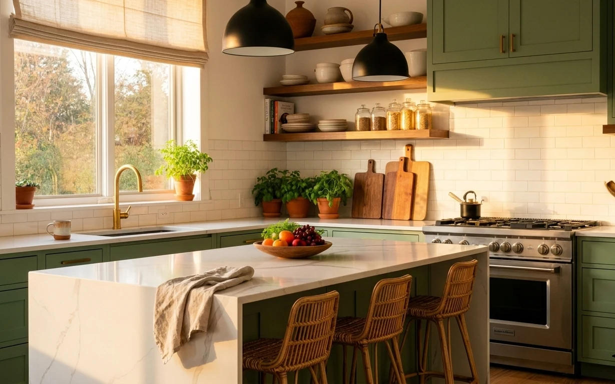 Olive green kitchen with white subway tile, warm pendant lights, a bright island with linen towel, and potted plants