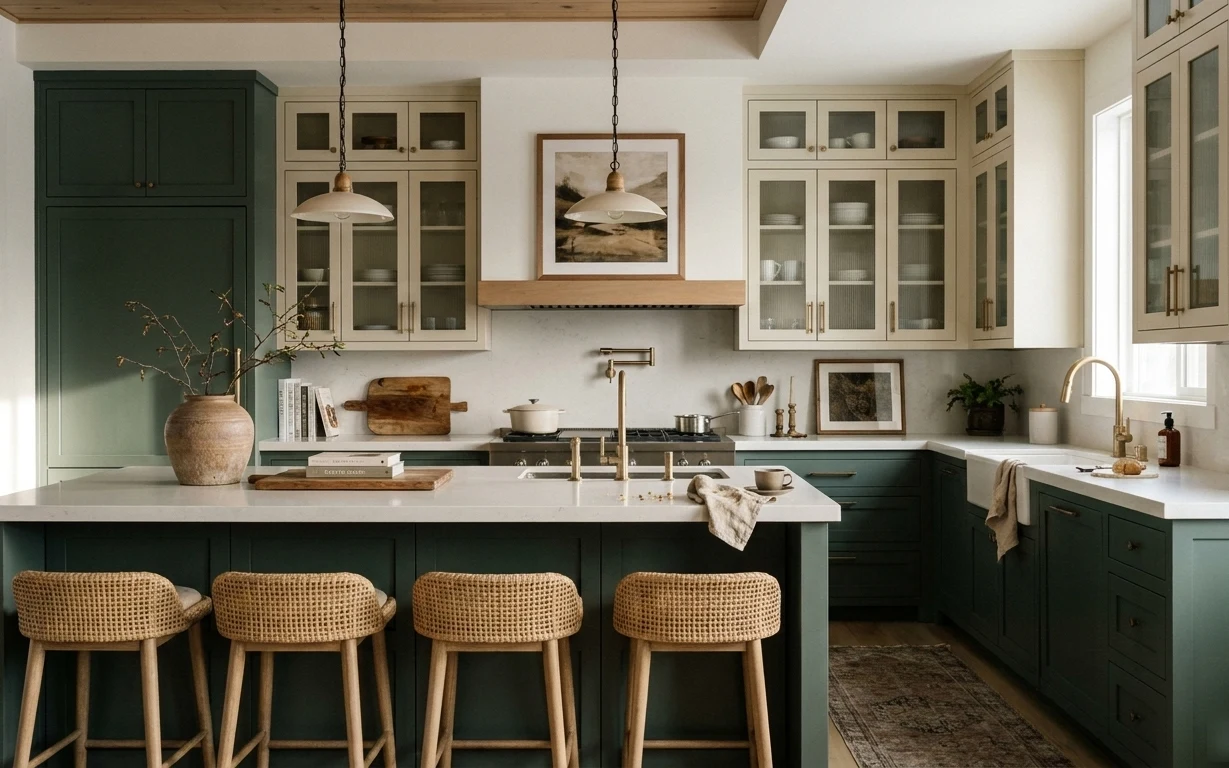 Deep green shaker kitchen with island, pendant lights, framed art, ceramic vase, potted plant, and patterned rug beneath stools