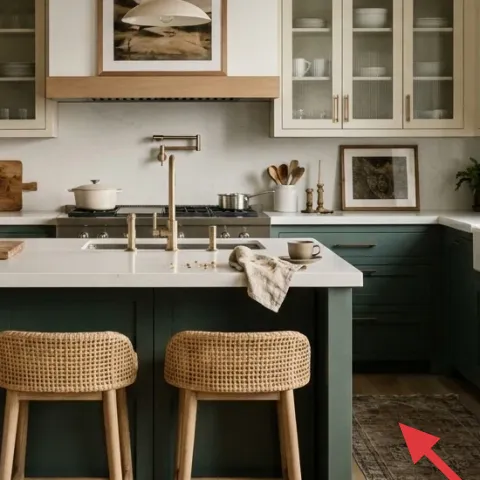 Patterned area rug under the stools