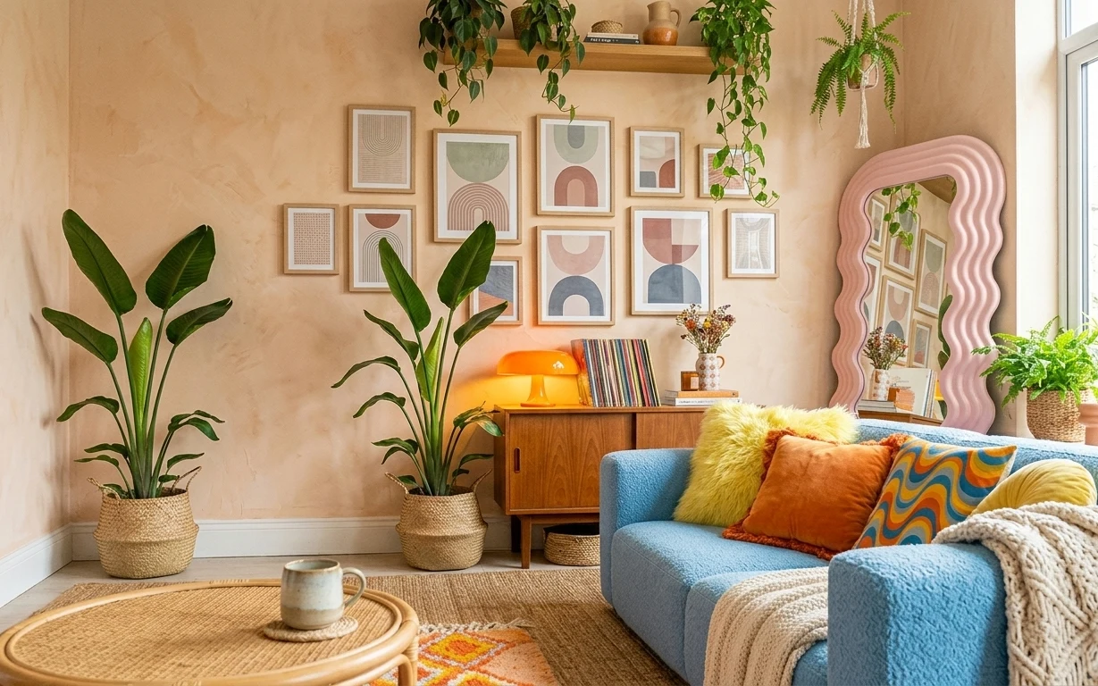 Boho living room with blue sofa, woven rug, rattan coffee table, gallery prints, and pink wavy mirror near a window