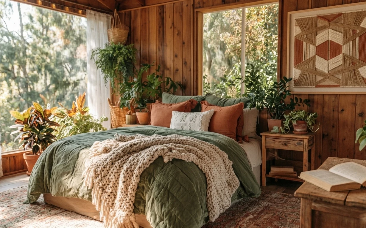 Wood-paneled cabin bedroom with olive quilted bedding, cream knit throw, earth-tone rug, sheer curtains, and framed geometric wall art.