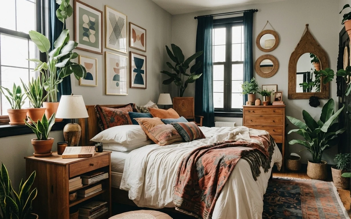 Plant-filled bedroom with white duvet, patterned rug, teal curtains, framed prints, arched mirror, and terracotta potted greenery.