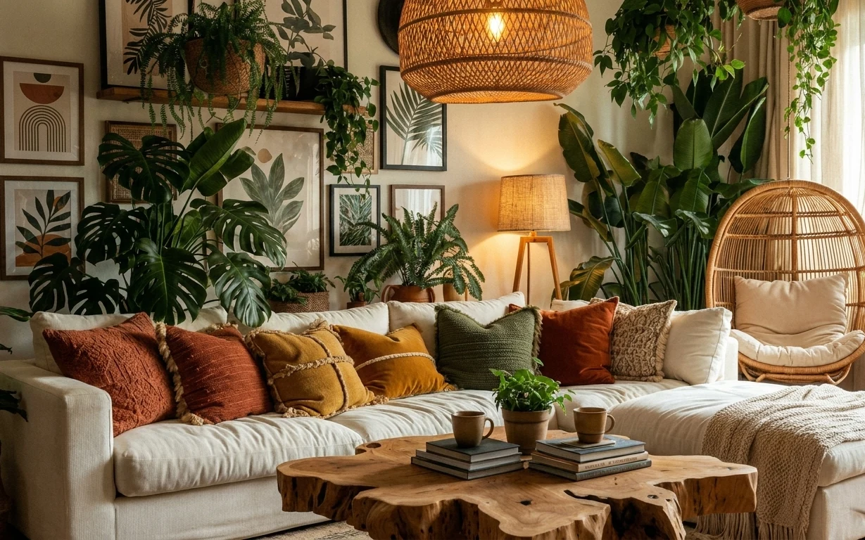 Cream sofa in a plant-filled living room with botanical wall art, knit throw pillows, and warm rattan pendant light