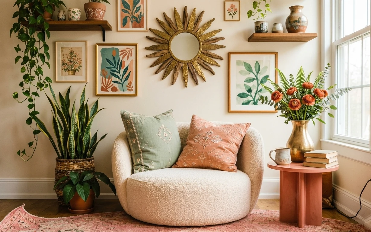Sunlit seating corner with cream boucle chair, pink patterned rug, botanical frames, sunburst mirror, and snake plant