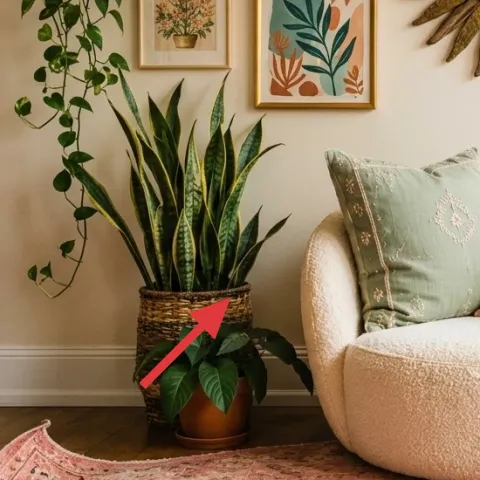 snake plant in woven basket