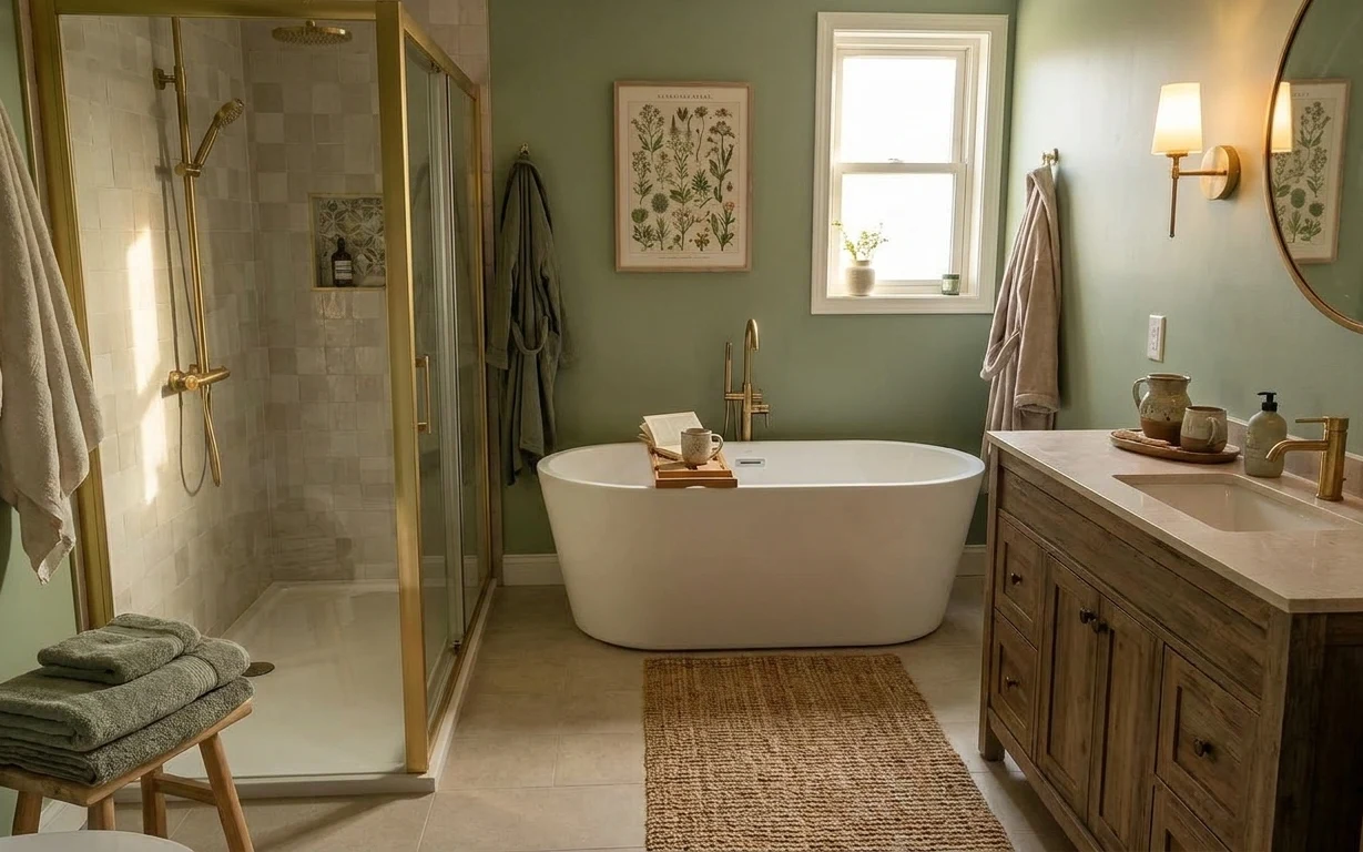 Sage-green bathroom vanity nook with a round mirror, framed botanical prints, a warm wall sconce, and a bath mat runner.