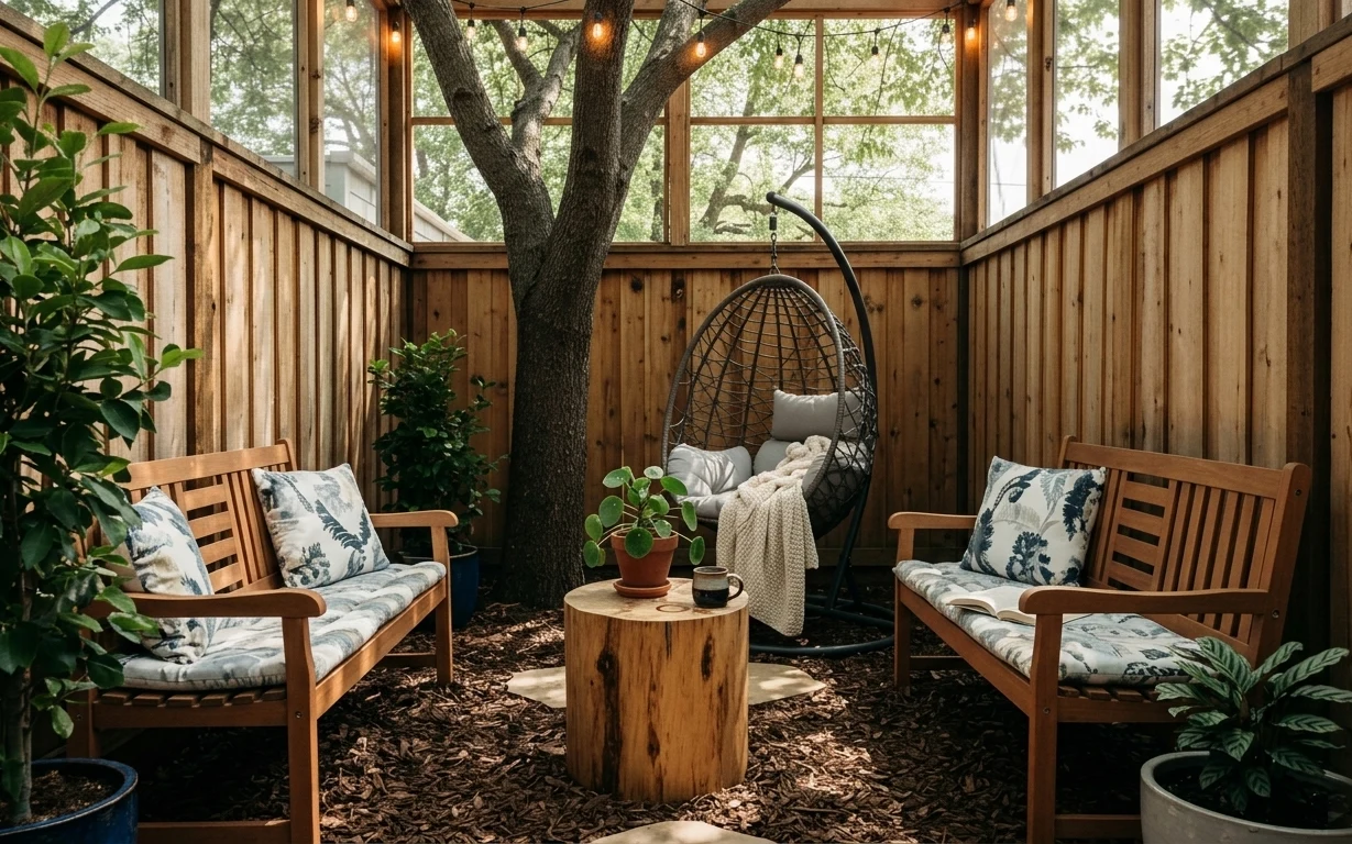 Patio seating with two slat chairs, hanging egg chair, outdoor rug, string lights, and potted plants