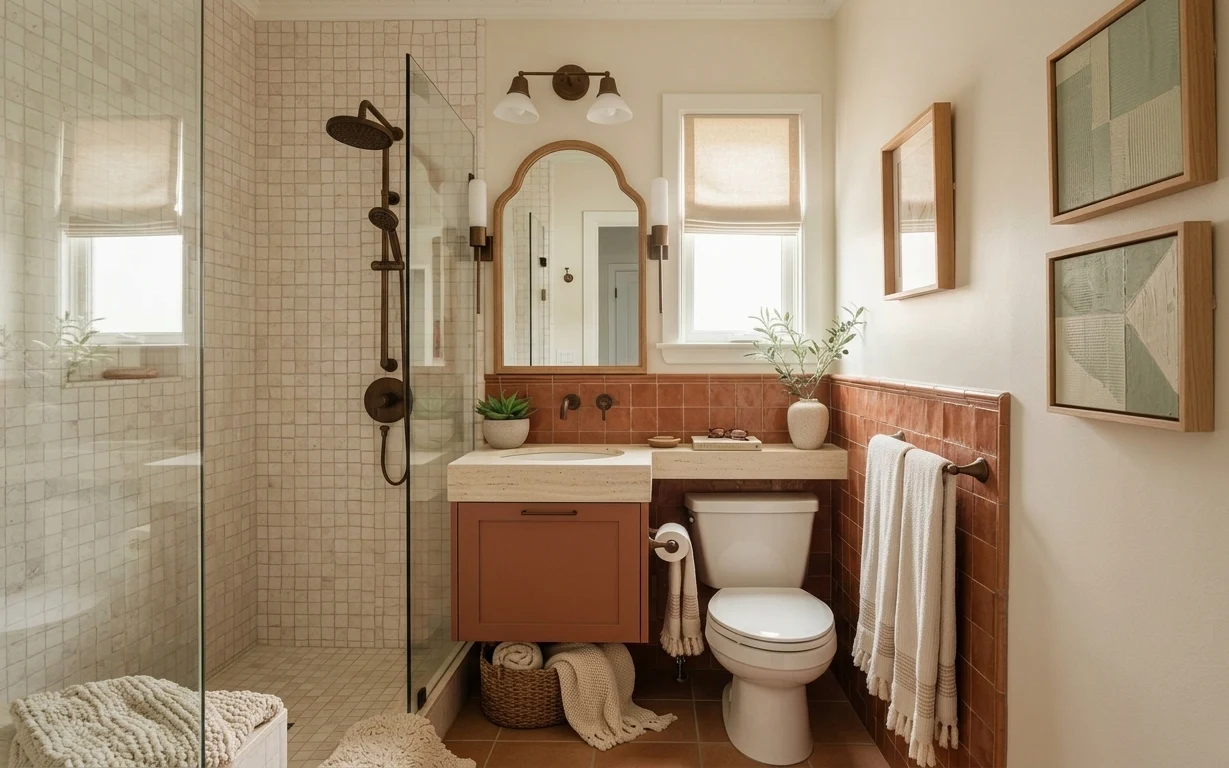 Warm bathroom with tiled shower, arched mirror, terracotta vanity, framed art, potted plants, bath mat, and hanging towel