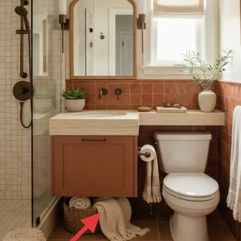 woven basket on bathroom floor
