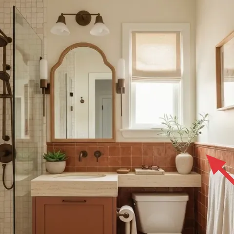 small potted plant on left side of vanity
