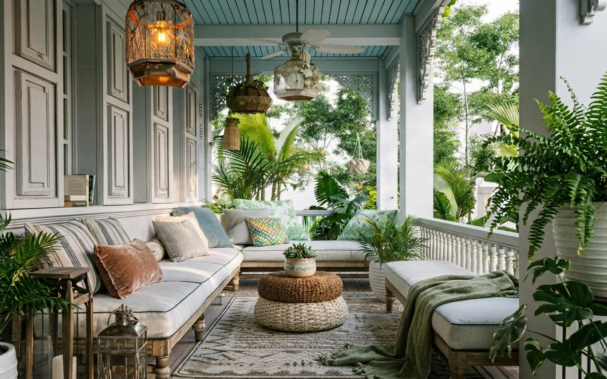 Sage porch lounge with L-shaped sofa, woven side table, layered pillows, large fern pots, and a hanging lantern pendant
