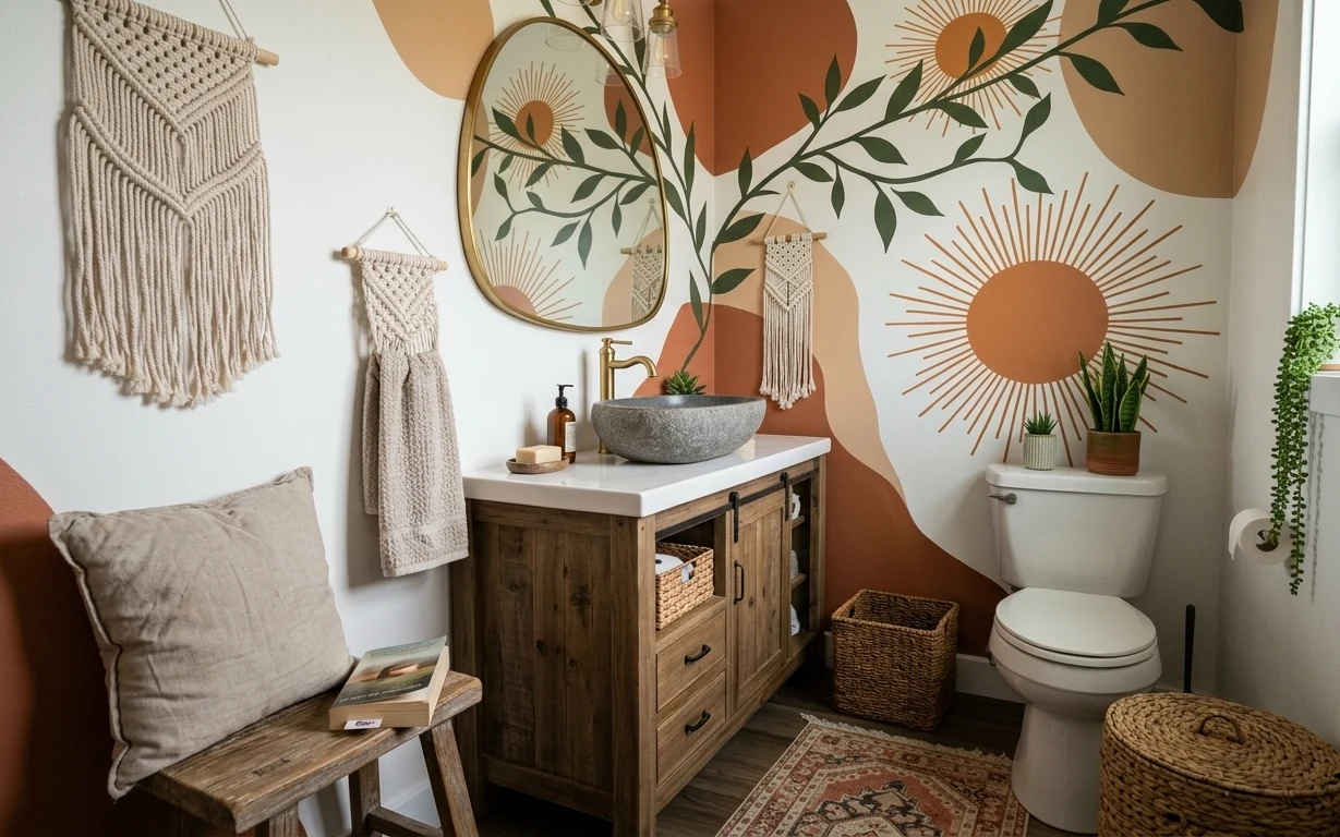 Boho bathroom vanity corner with macramé wall hangings, botanical wall art, patterned rug, woven baskets, and plants