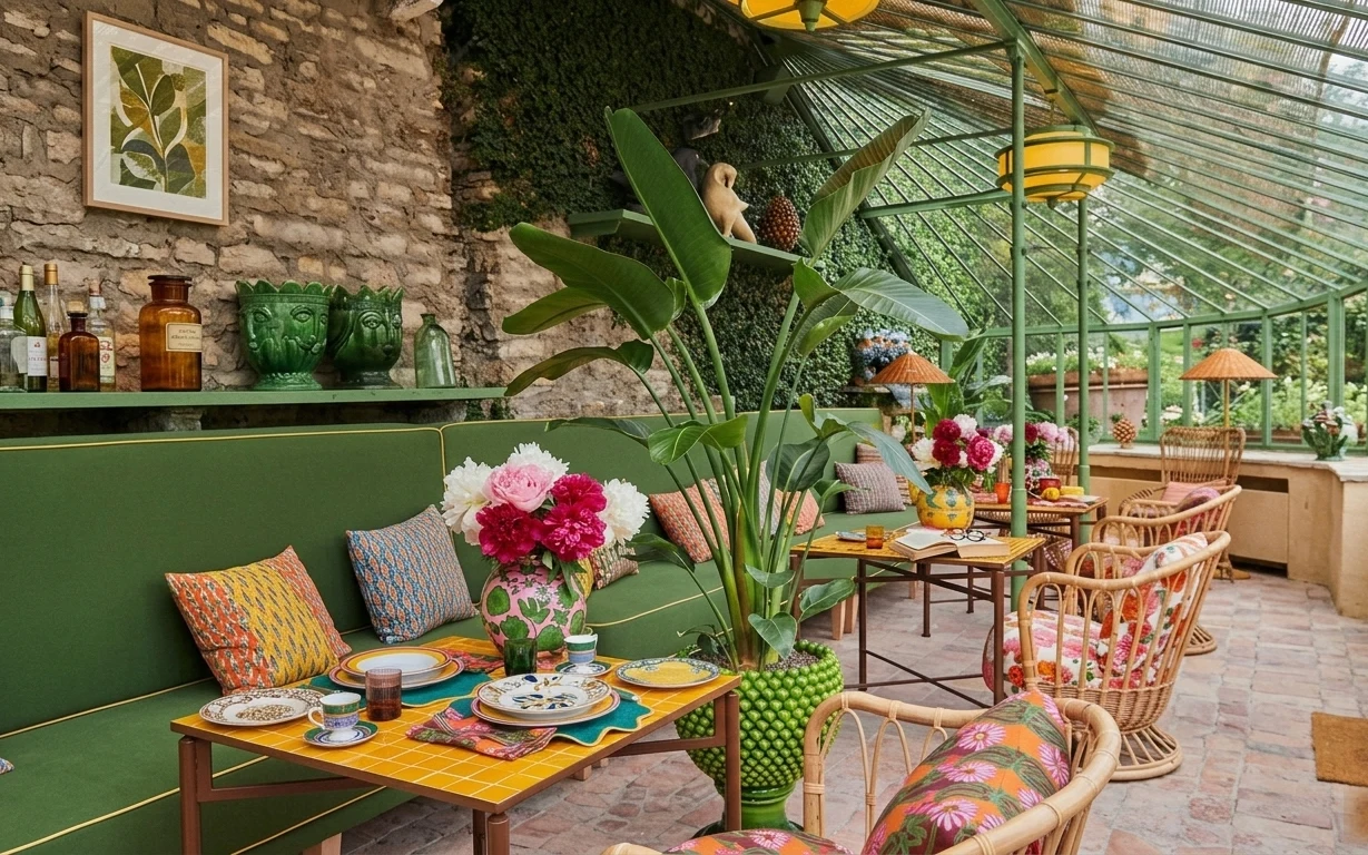 Outdoor seating nook with green daybed sofa, wicker chairs, framed botanical art, bottles and ceramic planters, and a large potted plant
