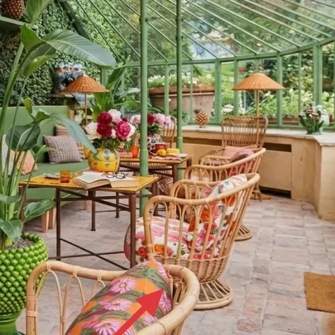 flower-print cushion on front wicker chair