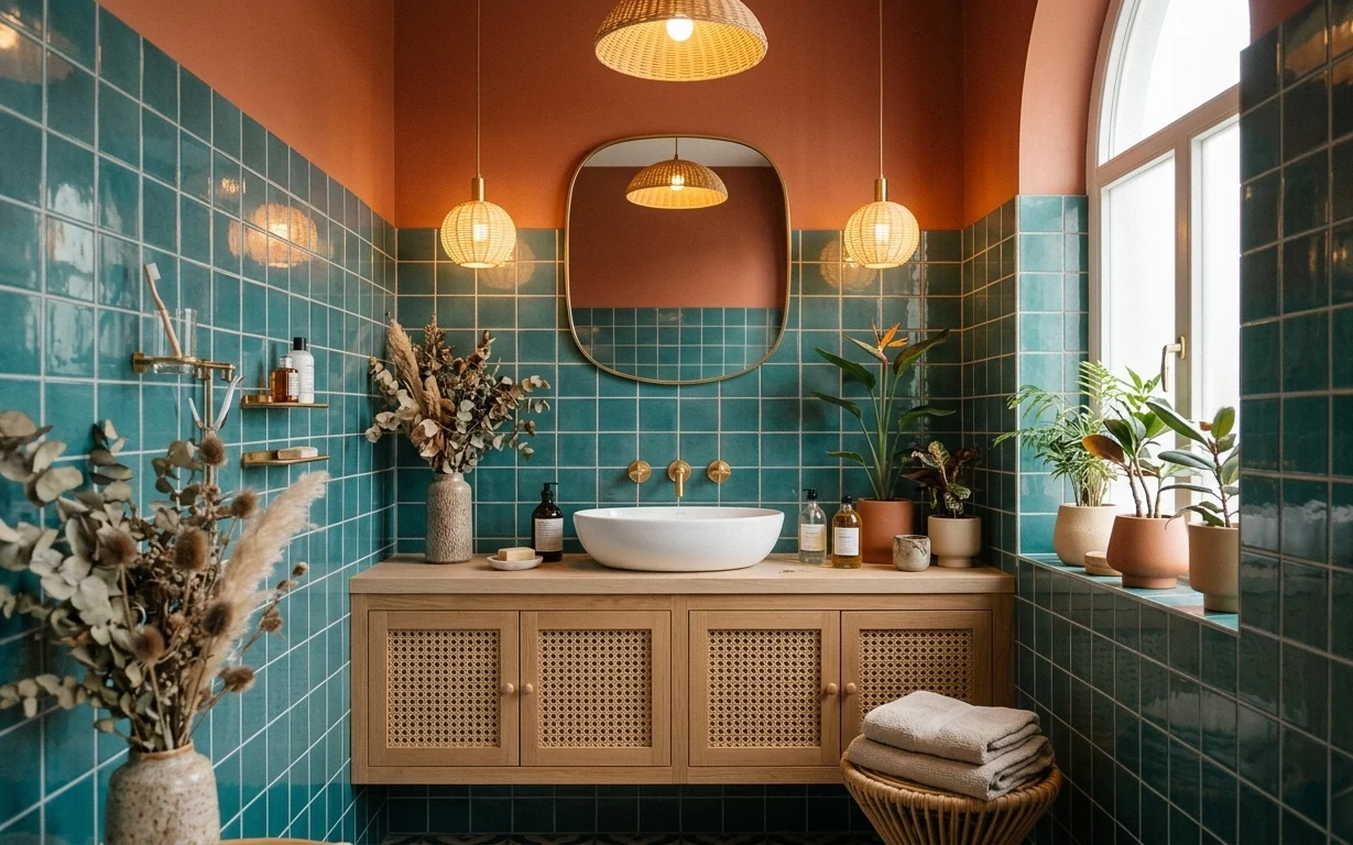 Teal tiled bathroom with a warm wood vanity, large round mirror, plants, ceramics, and folded towels