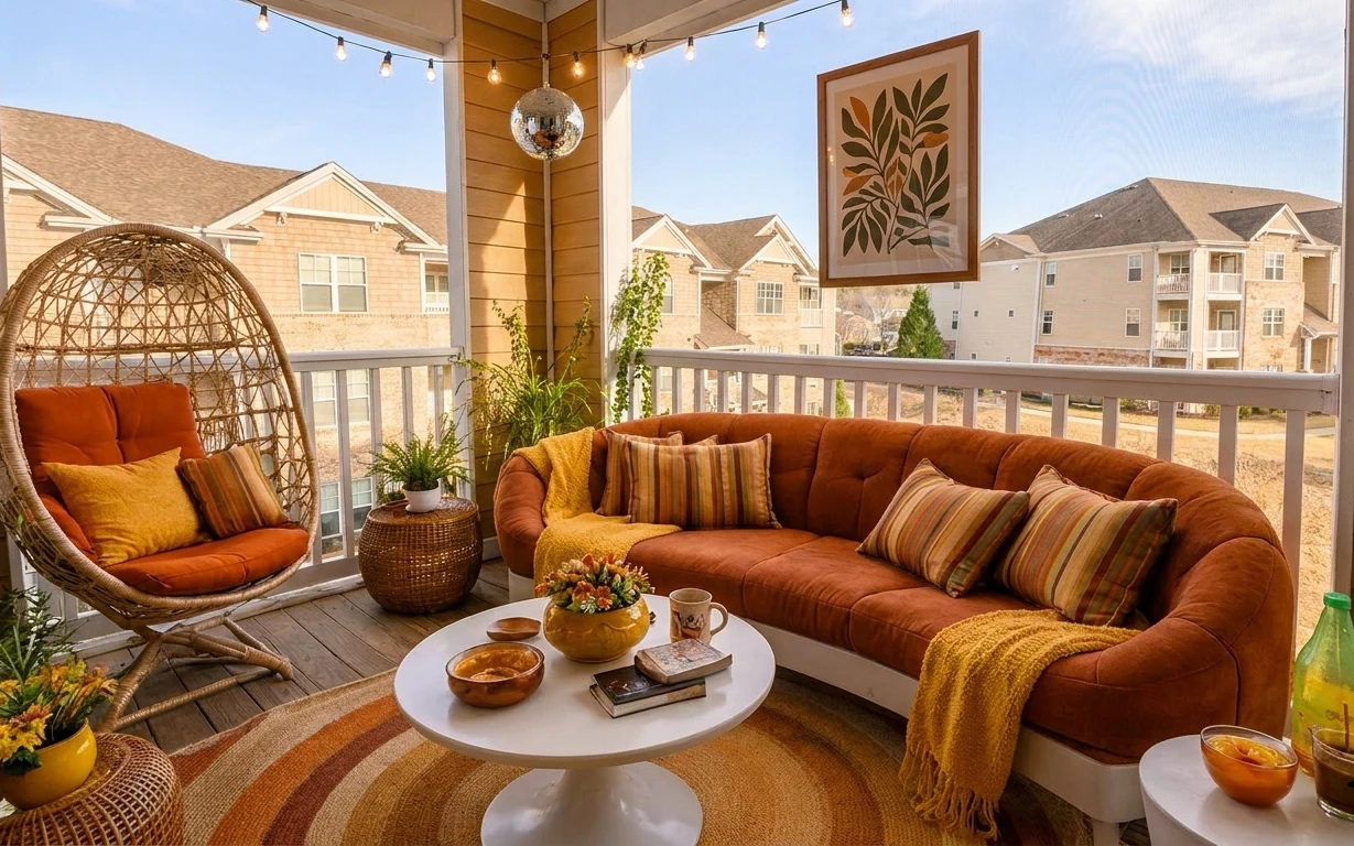 Boho balcony seating with rust cushions, wicker egg chair, woven rug, round white table, framed botanical print, and string lights