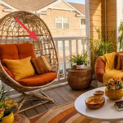 Wicker egg chair with rust cushion