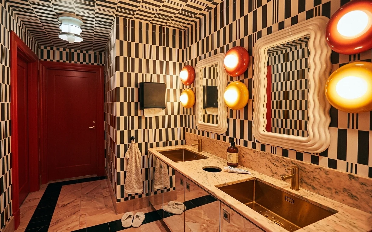Retro bathroom with checkerboard tile, wavy mirrors, warm amber wall lights, beige towels, and a black bath mat.
