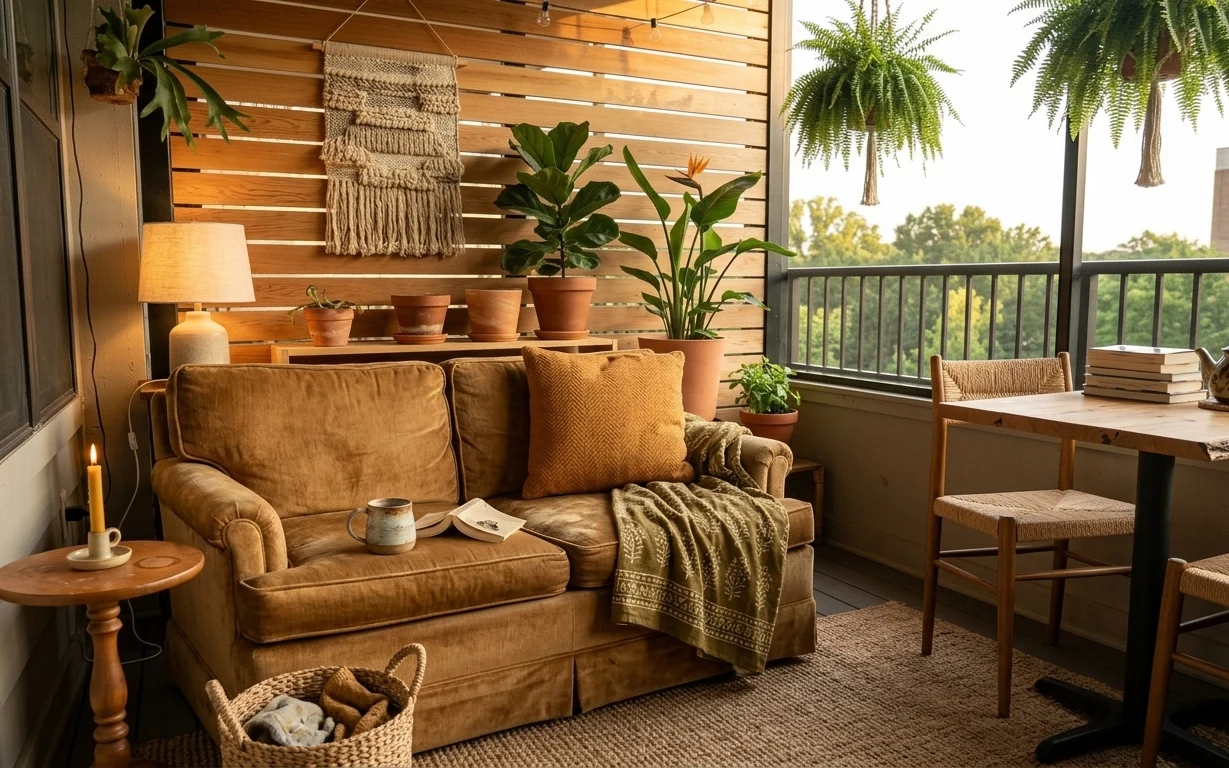 Boho balcony lounge with a warm upholstered sofa, woven rug, terracotta plants, beige lamp, candle, and macramé wall hanging